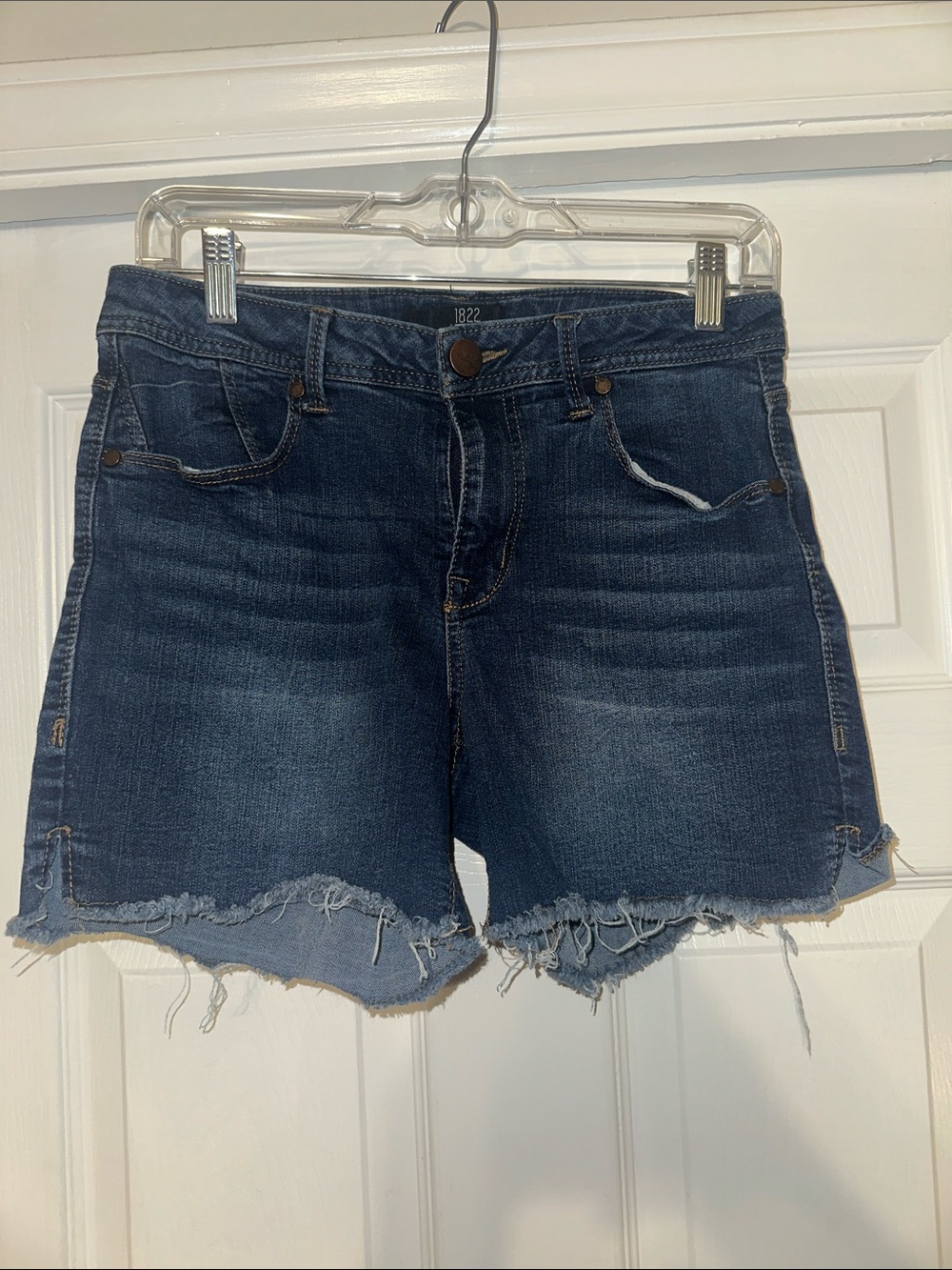1822 Denim Dark Blue Frayed Hem Jean Shorts